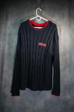 Vintage 90s Avirex Knit Cable Sweater XL Black Red Trim Hip Hop Streetwear Korea